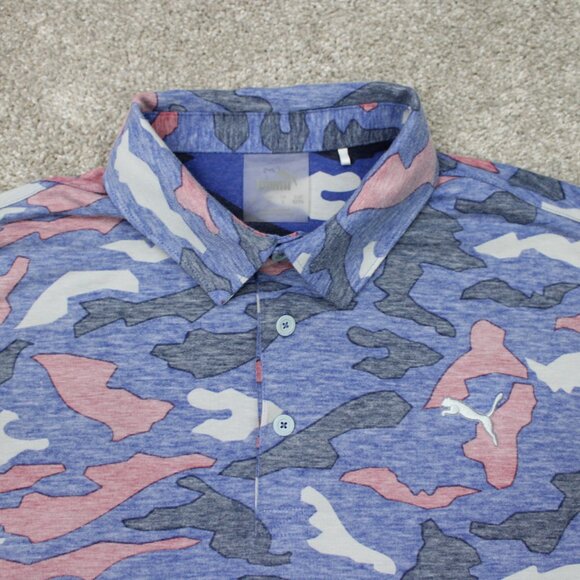 Puma Polo Shirt Mens Medium Pink/Blue Camo Reverse Print Golf S/S Pullover - Picture 5 of 14